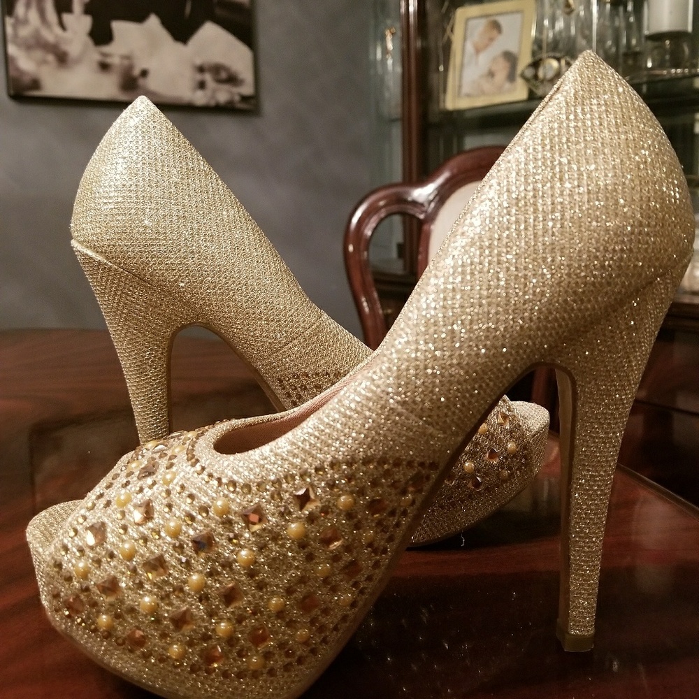 Sparkly gold rhinestone platform heels
